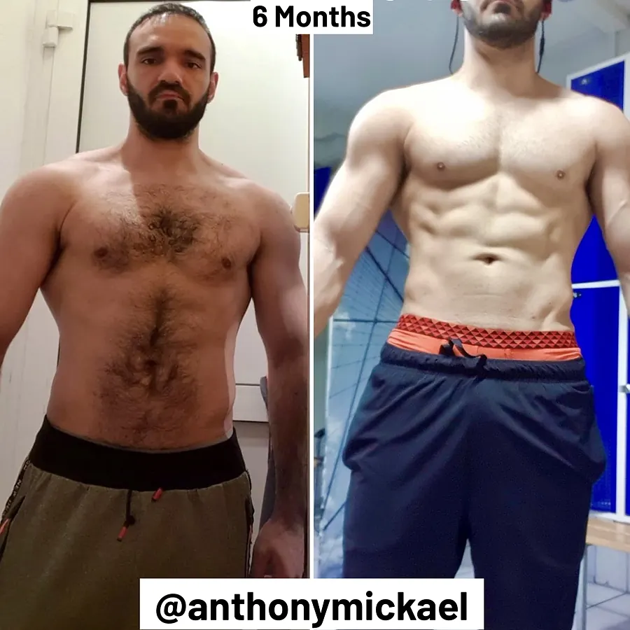 Avant/après d’un client après 6 mois : ventre affiné et abdominaux visibles