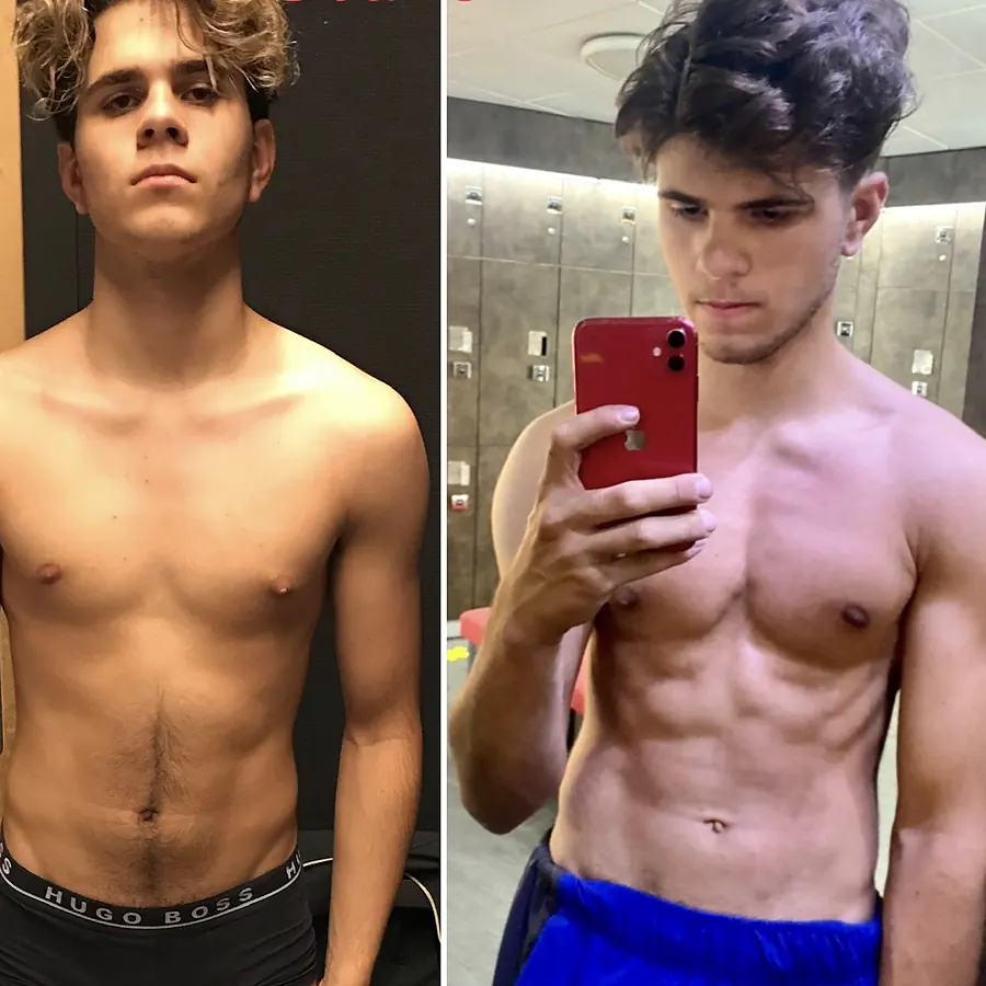 Avant/après d’un jeune client après 7 mois de prise de muscle