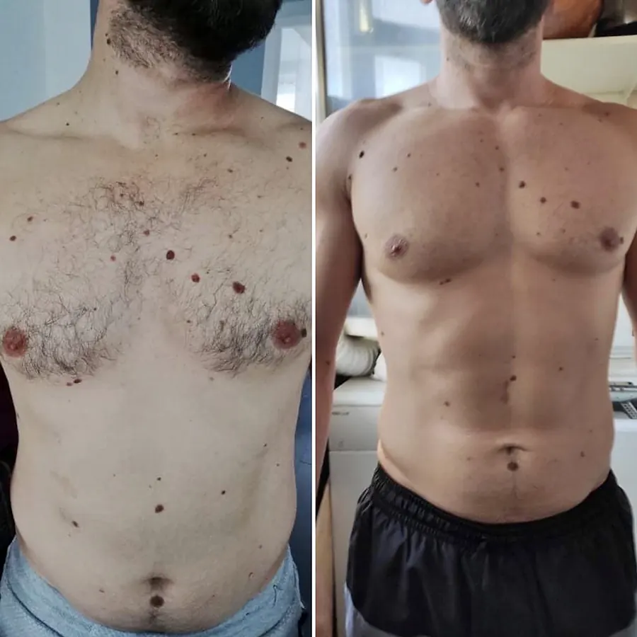 Avant/après d’un client après 2 mois : torse affiné